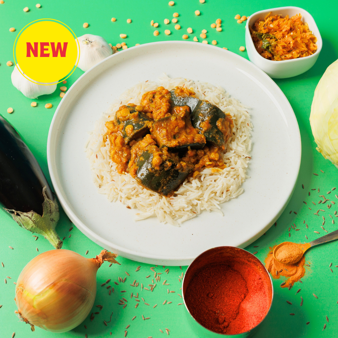 Aubergine Daal, Zeera Rice and Cabbage Chutney (Regular)
