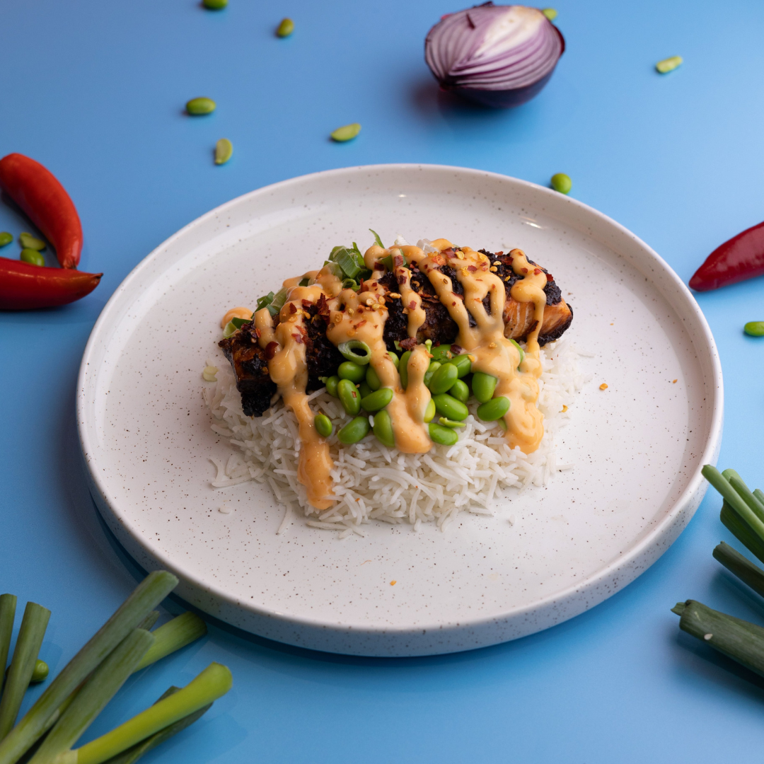 Salmon Rice Bowl, Edamame and Sriracha Mayo