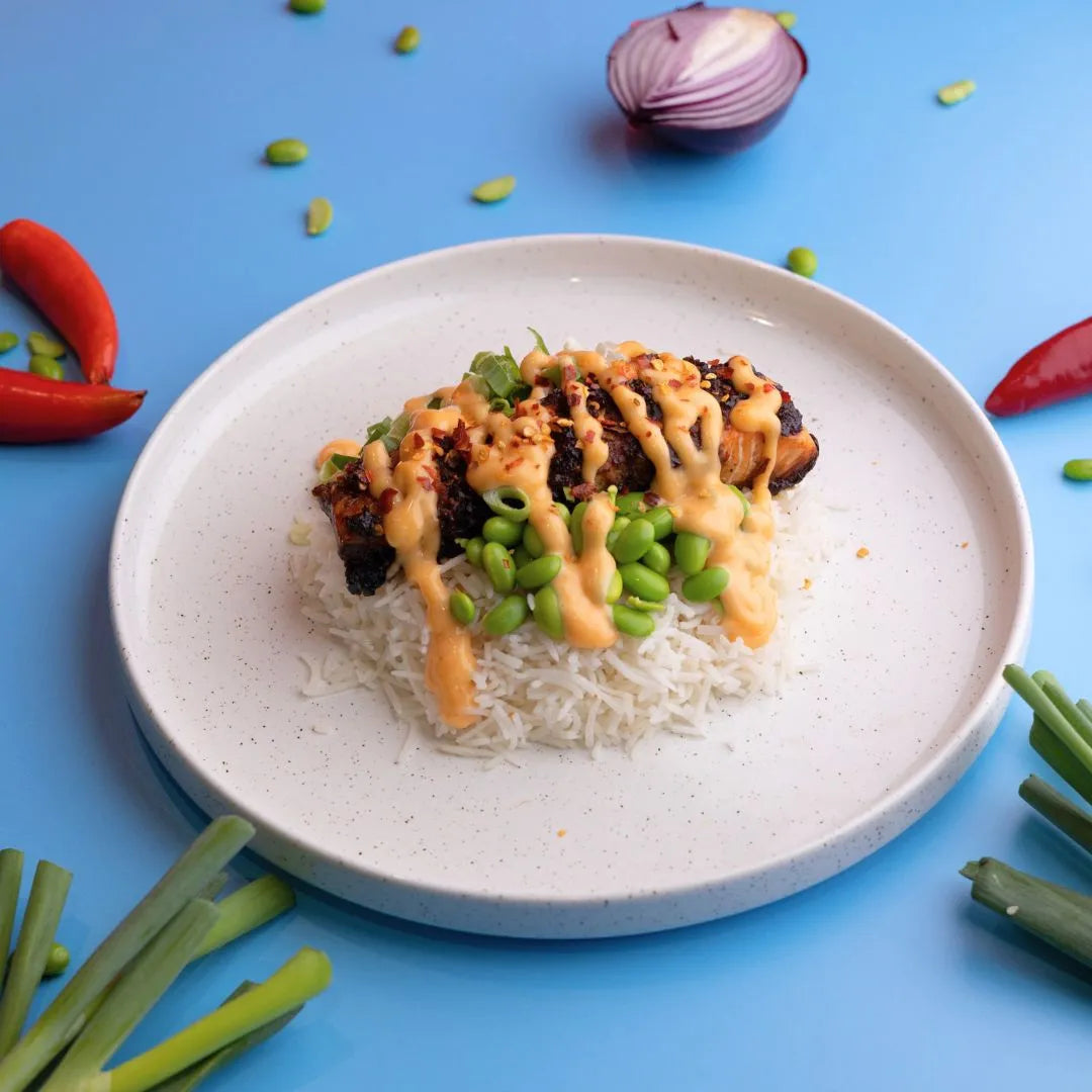 Salmon Rice Bowl, Edamame and Sriracha Mayo