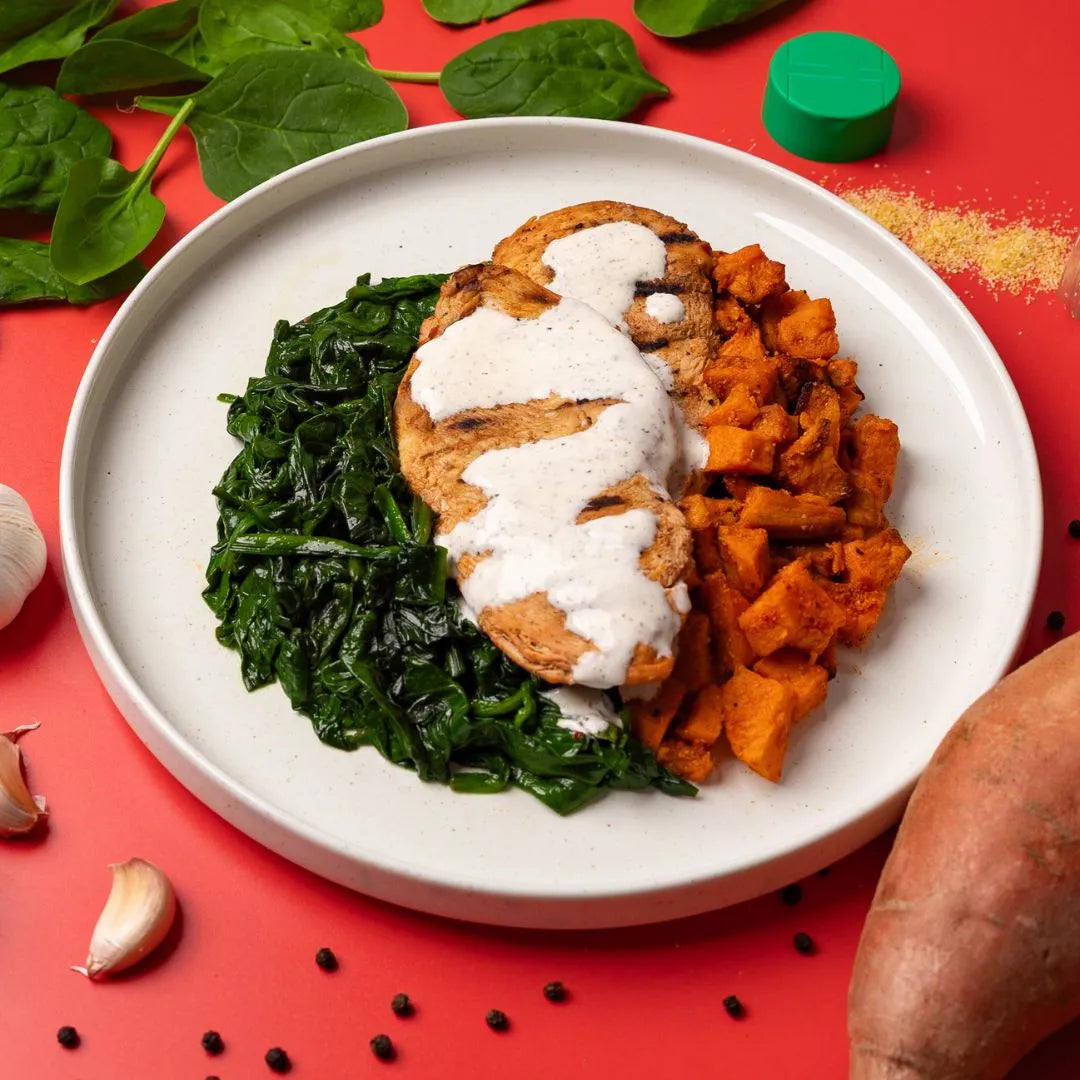 Spiced Chicken Steak, Sweet Potatoes and Wilted Spinach