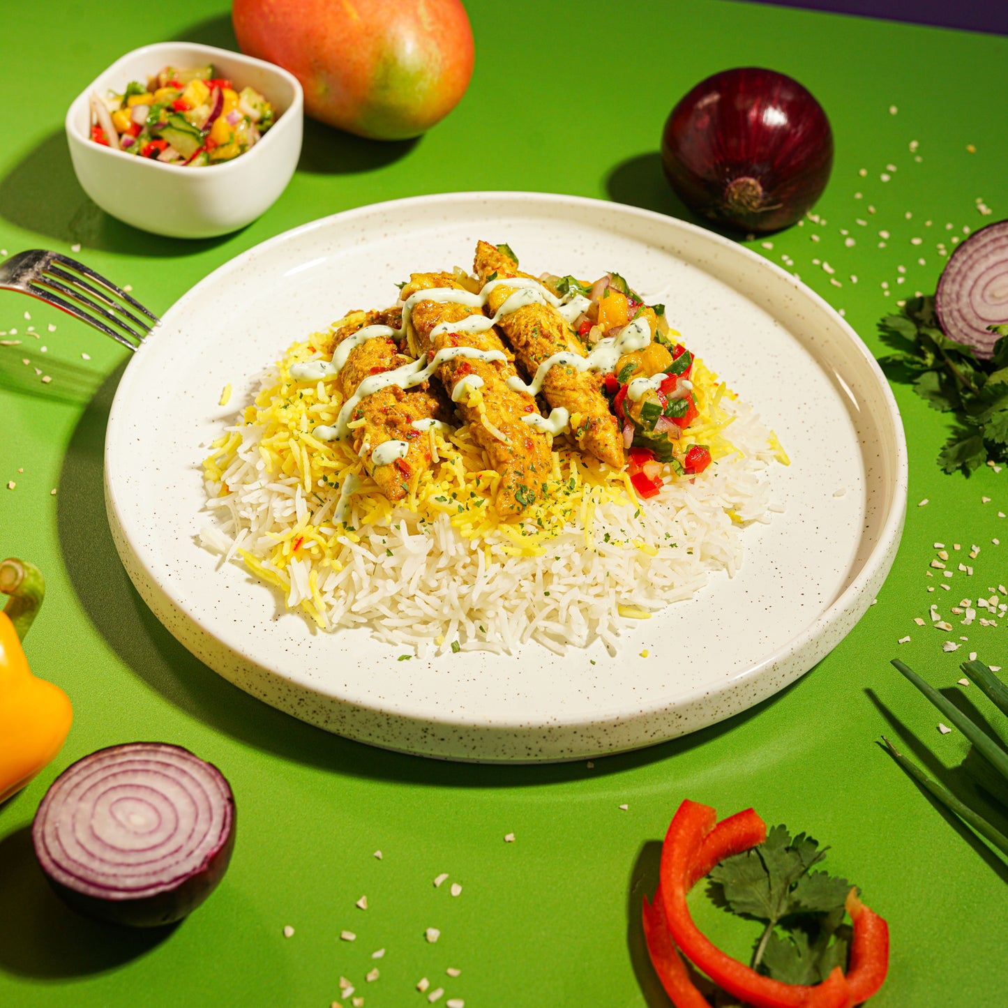 Lime Chilli Chicken, Saffron Rice and Mango Salad