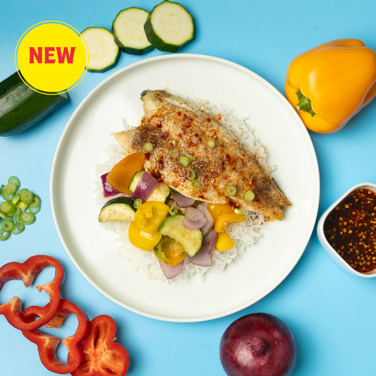 Sweet Chilli Sea Bass, Rice and Roasted Veg
