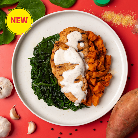 Spiced Chicken Steak, Sweet Potatoes and Wilted Spinach