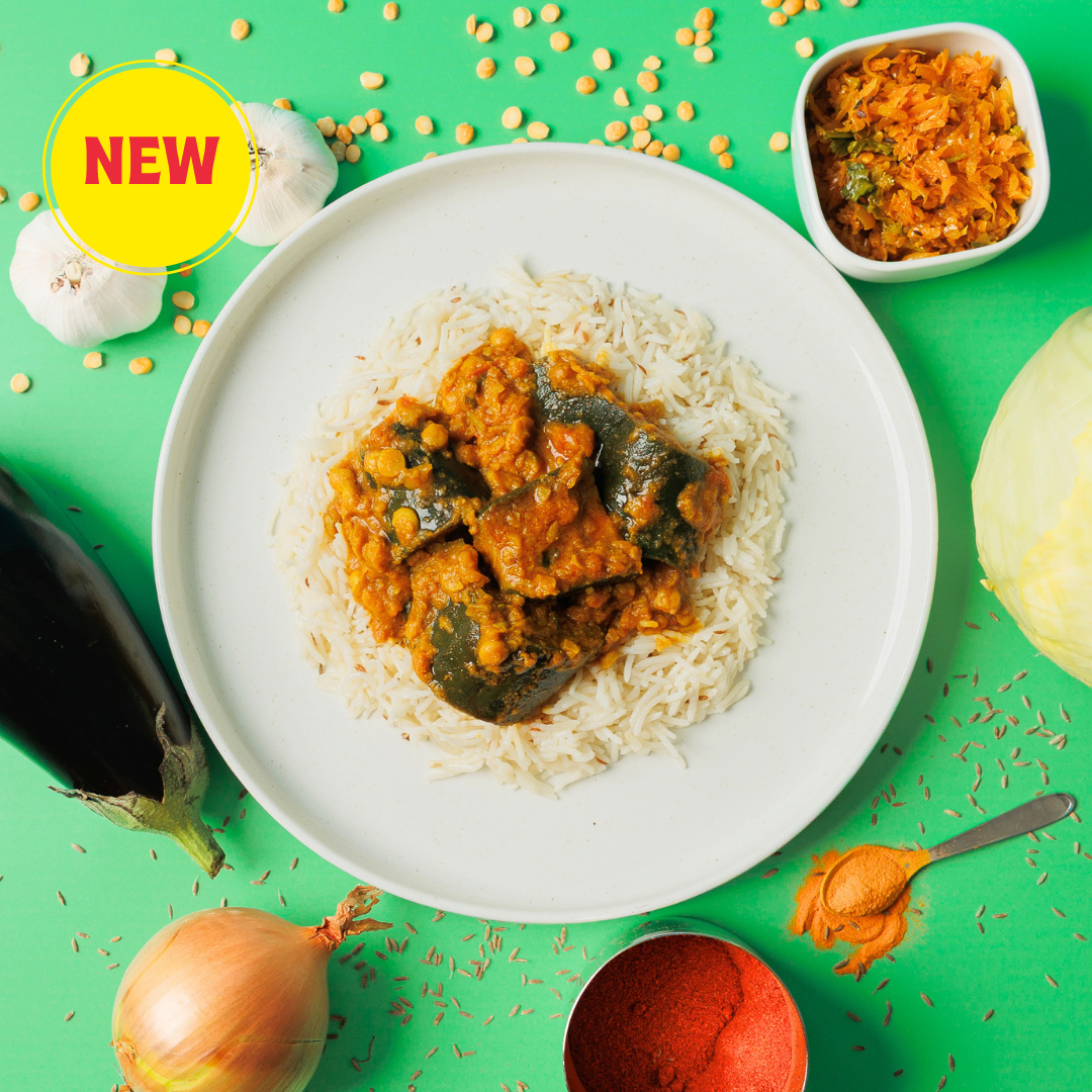 Aubergine Daal, Zeera Rice and Cabbage Chutney (Regular)