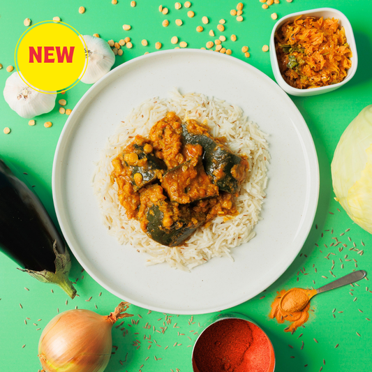 Aubergine Daal, Zeera Rice and Cabbage Chutney