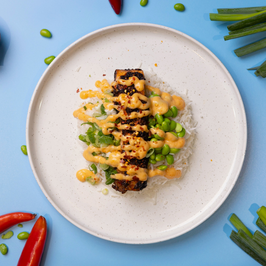 Salmon Rice Bowl, Edamame and Sriracha Mayo