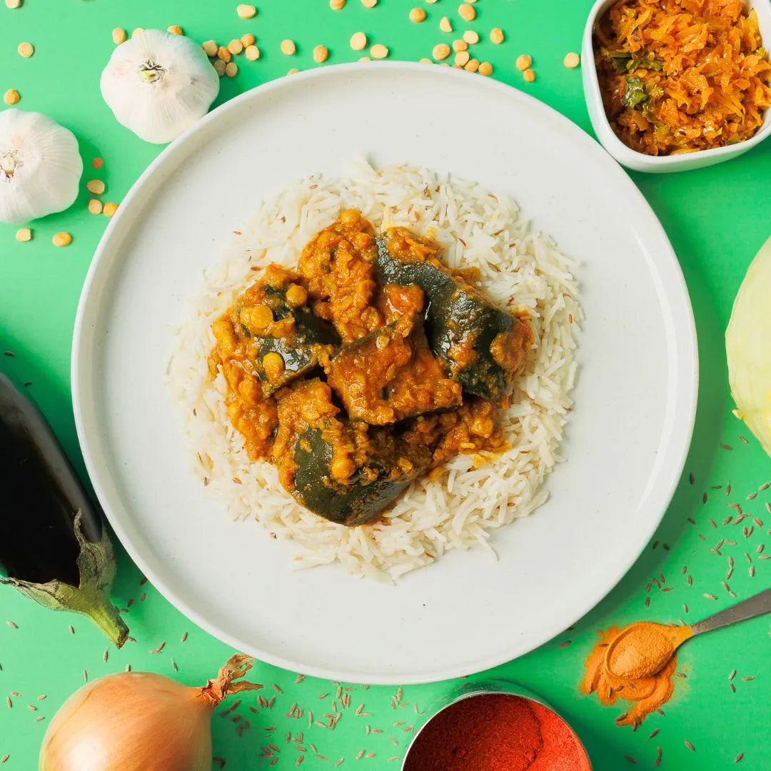 Aubergine Daal, Zeera Rice and Cabbage Chutney (Regular)