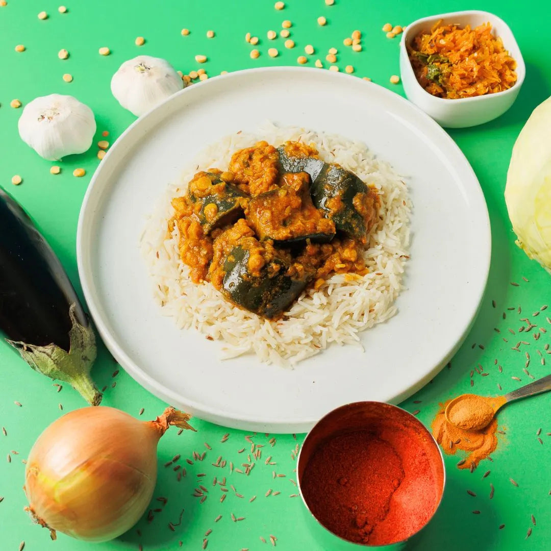 Aubergine Daal, Zeera Rice and Cabbage Chutney (Regular)