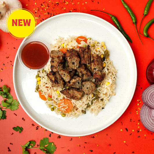 Lamb Shish Kebab Bites, Vegetable Pilau and Red Sauce