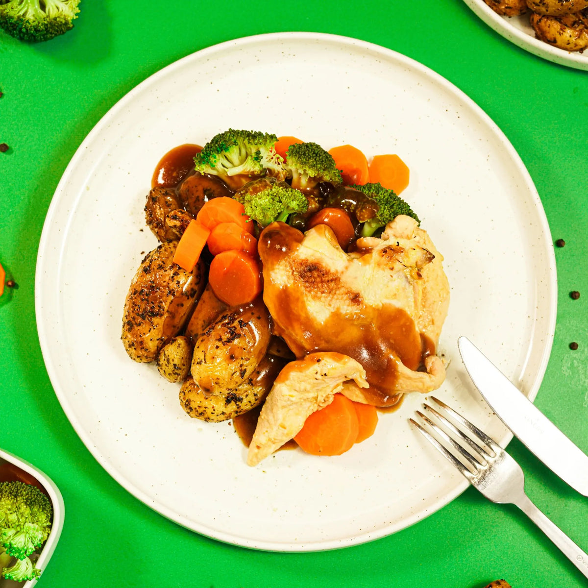 Roast Chicken, Herby Potatoes and Veg