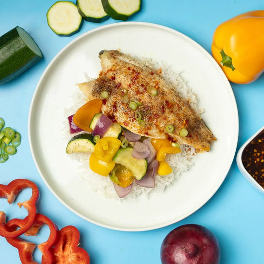 Sweet Chilli Sea Bass, Rice and Roasted Veg
