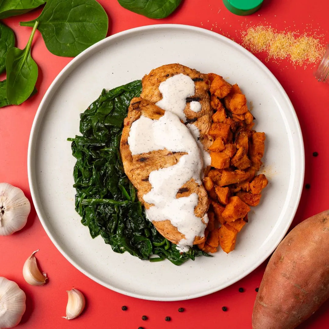 Spiced Chicken Steak, Sweet Potatoes and Wilted Spinach